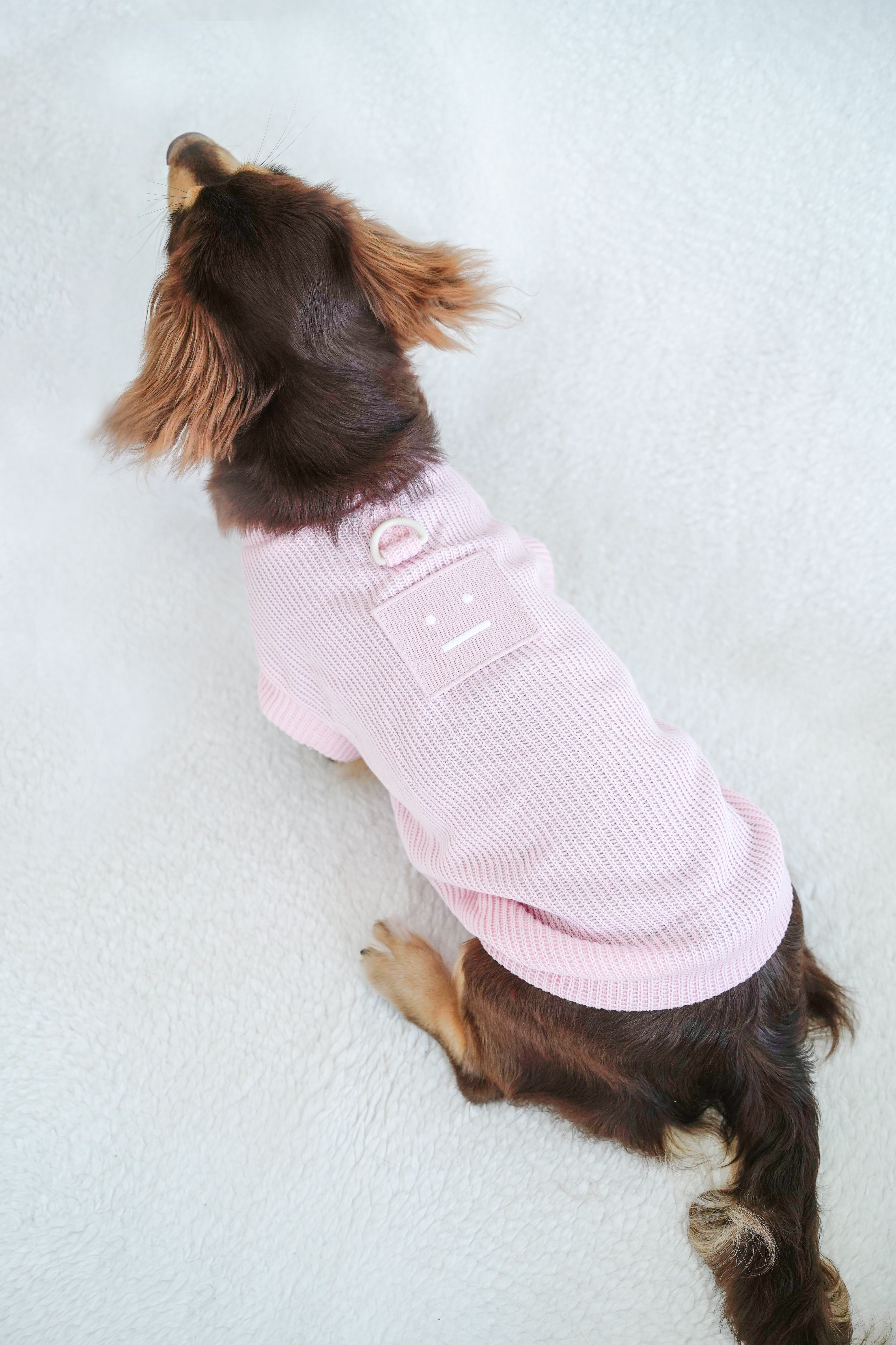 Pink knitted dog sweater side view